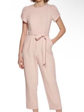 Calvin Klein Blush Pink Short-Sleeve Tie-Waist Jumpsuit